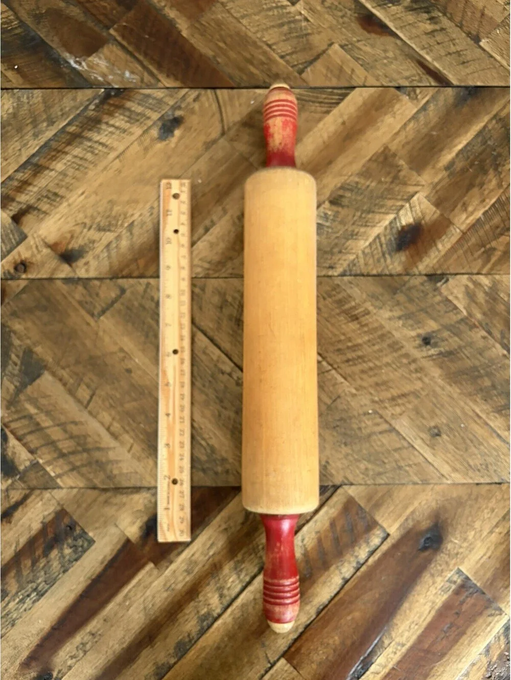 Vintage Wooden Rolling Pin with Red Handles